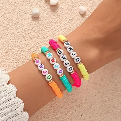 Fuqimanman2020 WWJD Surfer Heishi Bead Bracelets Set Colorful WWJD Beaded Stackable Stretch Bracelet for Women What Would Jesus Do Religious Jewelry Gift