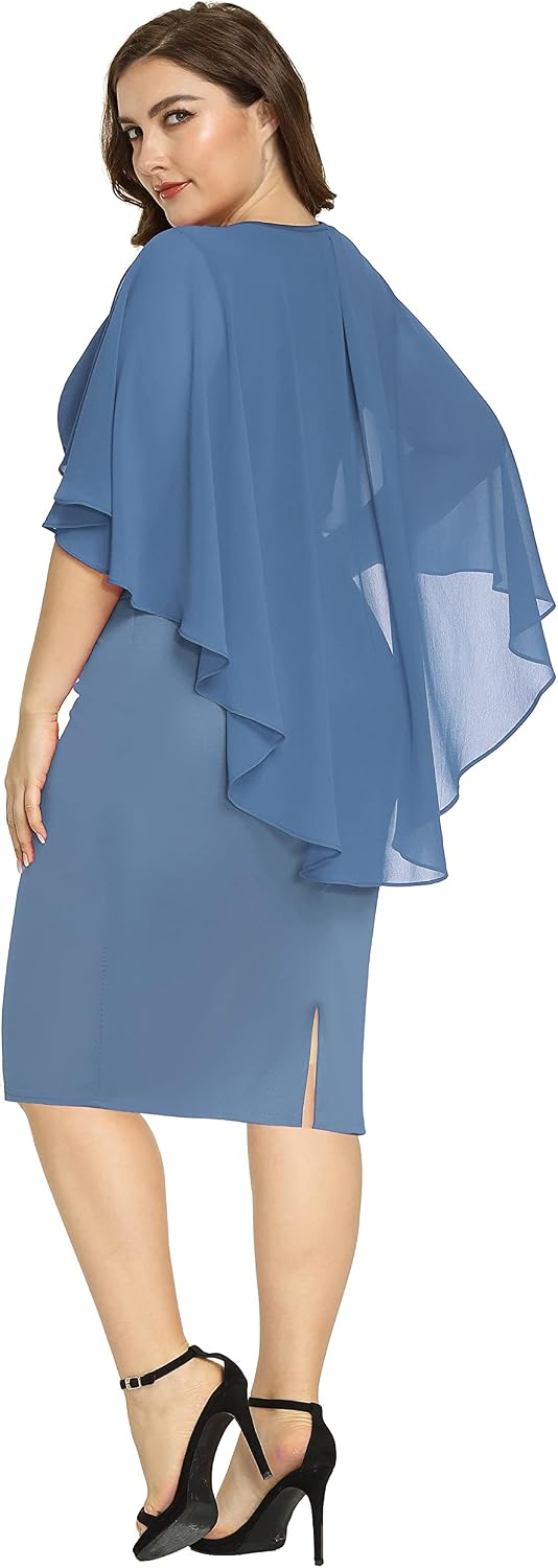 Size 22W In Red Wine Color, Hanna Nikole Women's Plus Size Chiffon Ruffle Flattering Cape Sleeve Bodycon Pencil Dress