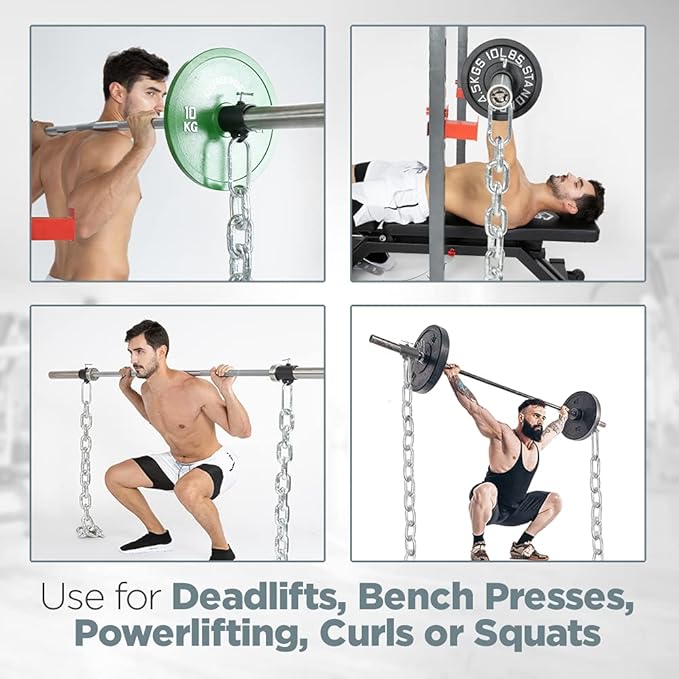 Logest Weight Lifting Chains with Collars - 1 Pair Available in 45LBS Steel Workout Chains - Fitness Equipment for Deadlifts Bench Presses and More Targets Back Legs Core Weight Chains