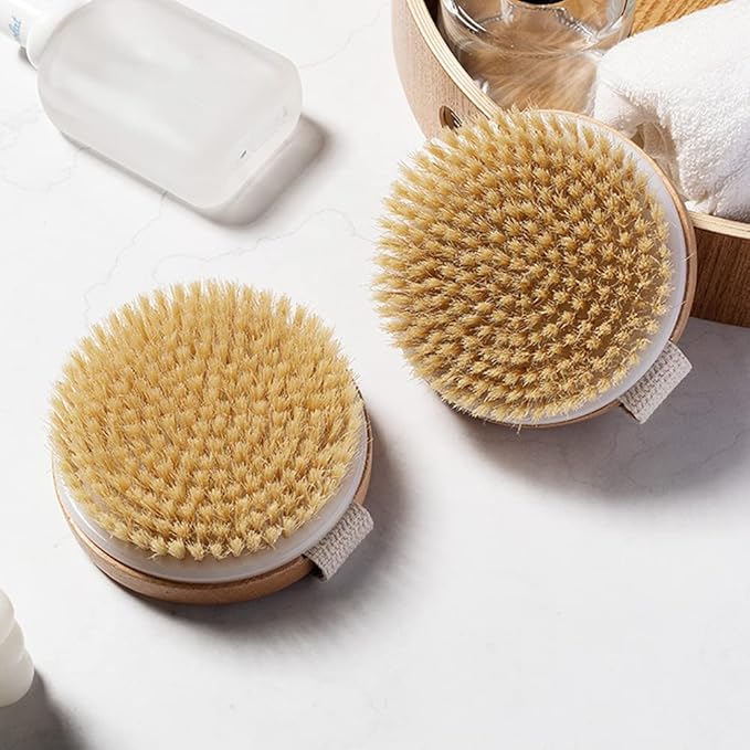 Round Wooden Natural Bristles Dry Bath Body Brush, Dia4.3Au Handheld Shower Brush Back Scrubber for Exfoliating, Cellulite and Detox, etc.