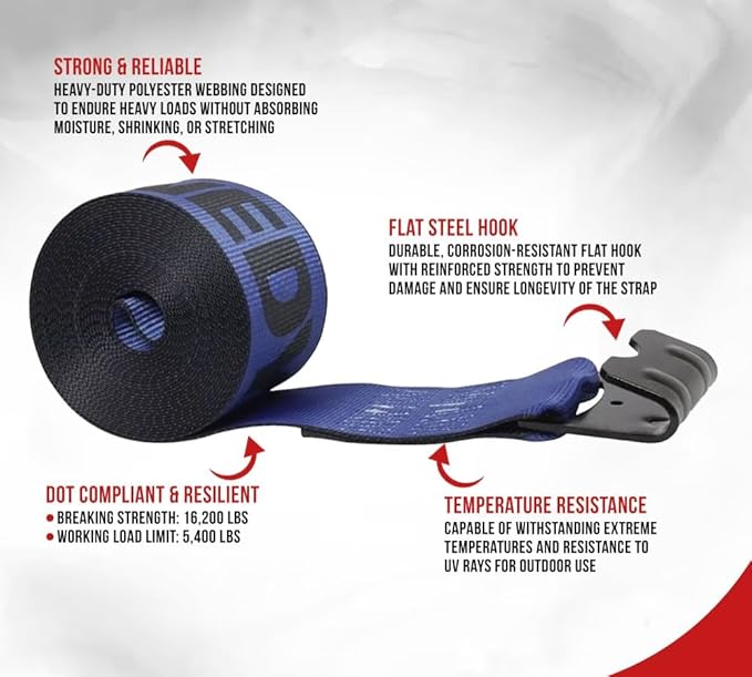 Mytee Products Kinedyne Winch Straps 4" x 30' Blue Heavy Duty Tie Down wFlat Hooks WLL 5400 lbs 4 Inch Cargo Control for Flatbed Truck Utility Trailer (1 Pack)