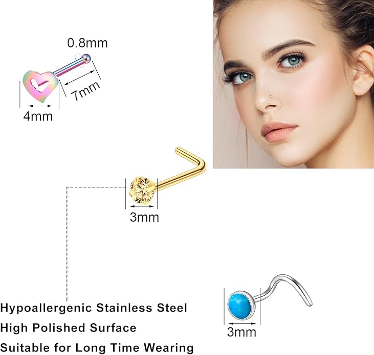 ONESING 9-40 Pcs 20G Nose Rings for Women Nose Piercings Jewelry Nose Rings Hoops L Shape Nose Studs Screw Hypoallergenic Nostril Surgical Stainless Steel Nose Rings Studs for Women Men
