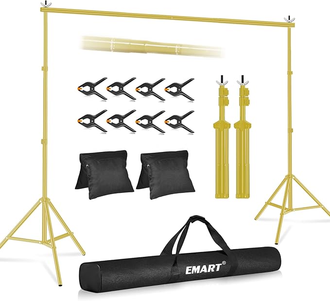 EMART Backdrop Stand 10x7ft(WxH) Photo Studio Adjustable Background Stand Support kit with 2 Crossbars, 8 Clamps, 2 Sandbags and Carry Bag for Parties, Events Decoration, Wedding -Titanium Gold