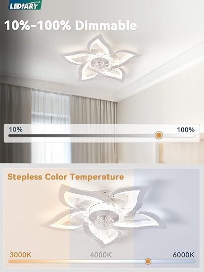 LEDIARY Flower Ceiling Fans with Lights, Small 27 Inch Modern Low Profile Ceiling Fan, Dimmable LED Ceiling Light Fixture, Flush Mount Ceiling Fans with Remote for Bedroom, Kitchen, Indoor-White