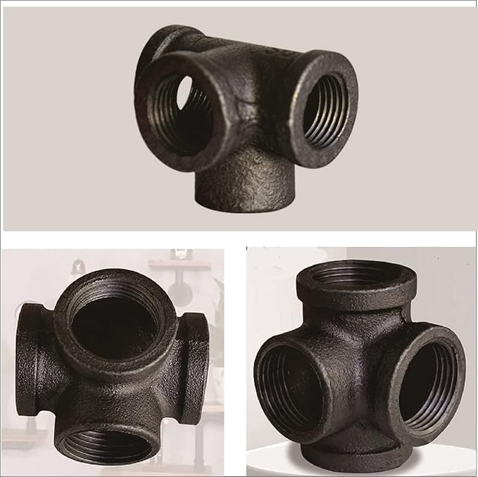 Baby Flower 4 Way Stereo Cross Malleable Iron Pipe Fitting Cast Iron Connector Threaded Pipe Retro Style DIY Table, Chair, Shelf Casting Galvanized Black Trim (1 in)