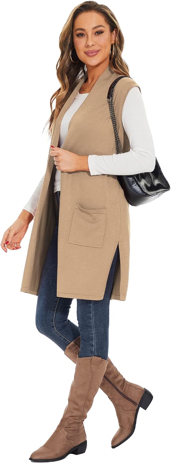 Moss Rose Women's Long Knit Cardigan Vest Casual Sleeveless Open Front Draped Duster Vest (Available in Plus Size)