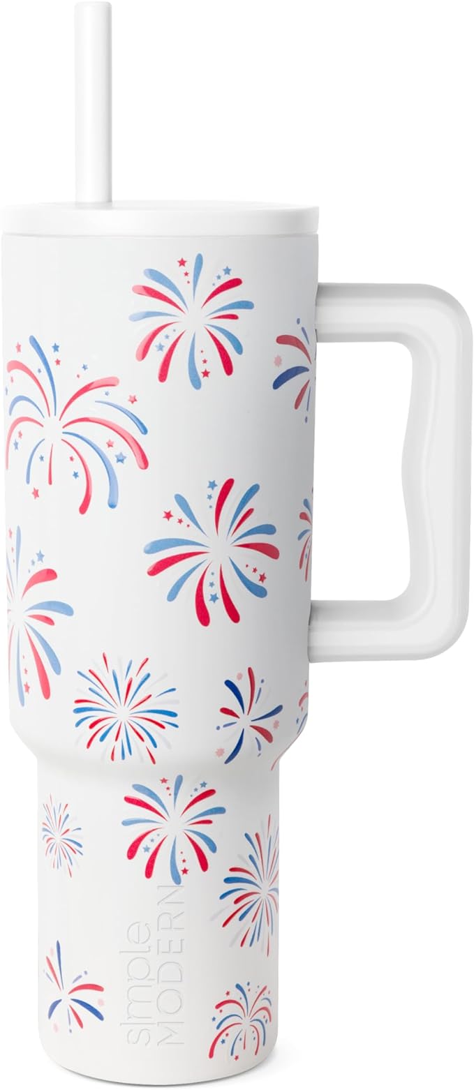 Simple Modern 40 oz Tumbler with Handle and Straw Lid 4th of July Insulated Reusable Stainless Steel Water Bottle Travel Mug Cupholder Use Gifts for Women Men Him Her Trek Signature Fireworks