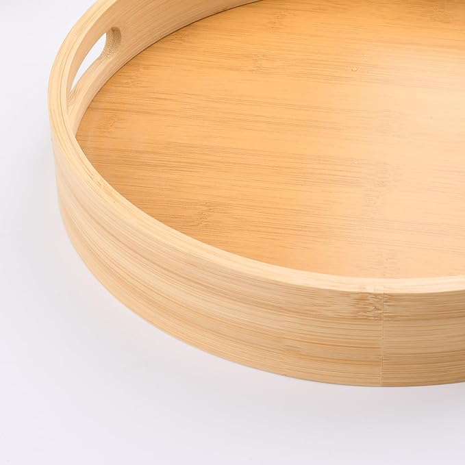 12 inch Round Serving Wooden Tray with Handles, Bamboo Decorative Ottoman Tray Serving for Serving Beverages Food on Bar Living Room Home Dining Table.