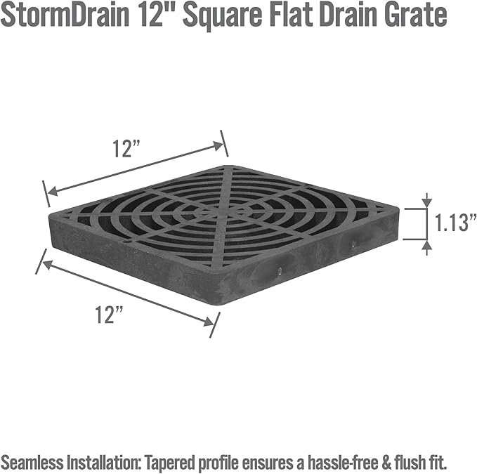 StormDrain 12" Outdoor Catch Basin Flat Square Grate Cover - Superior Strength and Durability, Black