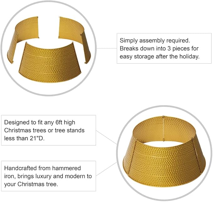 Glitzhome 22" D Gold Hammered Metal Tree Collar Tree Base Cover Decorative Christmas Tree Ring for Christmas Decoration