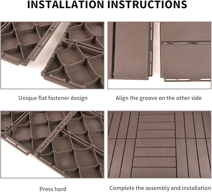 domi Outdoor Living Patio Deck Tiles, 12 x 12 inches Composite Interlocking Decking Tile, Four Slat Plastic Outdoor Flooring, 9 Pieces One Pack, Dark Brown