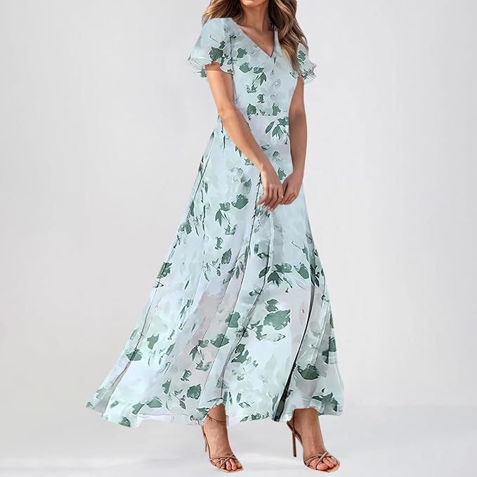 Chiffon Dresses for Women Flutter Sleeve Summer Boho Floral Maxi Dresses Gauze Flowy Garden Wedding Guest Long Dress