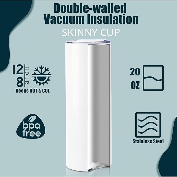 1 Pack Sublimation Tumblers 20 oz Skinny bulk,Stainless Steel Double Wall Insulated Straight Sublimation Tumbler Cups Blank White with Lid,Individually Box,Polymer Coating for Heat Transfer