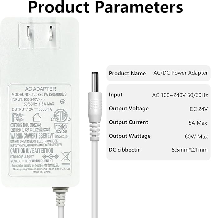 12V Power Supply Adapter, 5A 60W Wall Plug Switching Transformer, AC 100-240V Converter to DC 12 Volt White LED Driver Adaptor with 5.5x2.12.5mm Connector for led Strip Light (ETL Certificated)