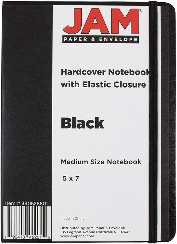 JAM PAPER Hardcover Notebook with Elastic Band - Medium Journal - 5 x 7 - Black - 100 Lined Sheets - Sold Individually