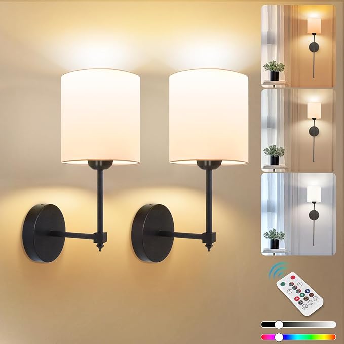 Adetu Wall Lights Battery Operated Wall Sconces Set of 2, 5CCT Black Rechargeable Wall Lamp with Remote Bulbs,10 RGB Dimmable Colors Wireless Wall Sconces for Bedroom Living Room Hallway