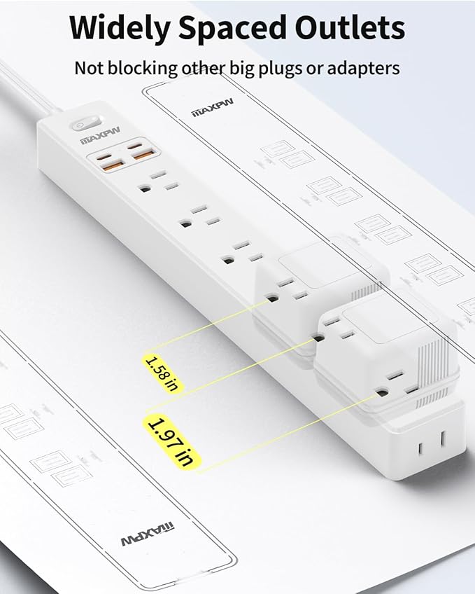 10-foot surge protection power strip, 7 outlets, 4 USB ports (2 USB C), ultra-thin flat extension cord and flat plug, 1700 joules, wall mount, charging station