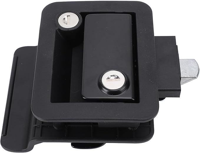 RV Door Lock, Enhanced Security for Motor Home Travel Trailer, Zinc Alloy with Switch, and Wearproof, Black Design, Dual Lock with Matching Keys, Dust Protection Foam, Screw