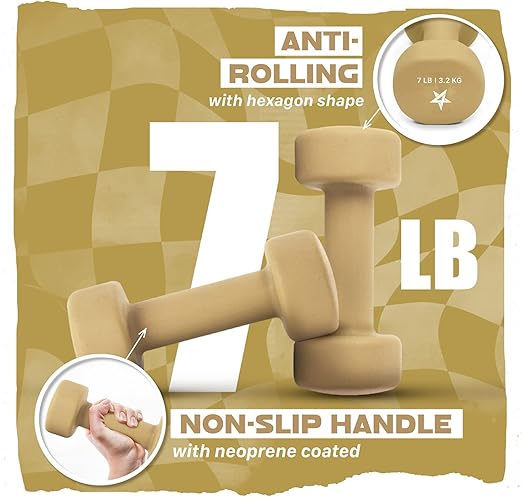 Yes4All Neoprene Coated Dumbbell Hand Weight Sets of 2 7lbs Weights - Multiple Weight Options with 15 Colors, Anti-roll, Anti-Slip