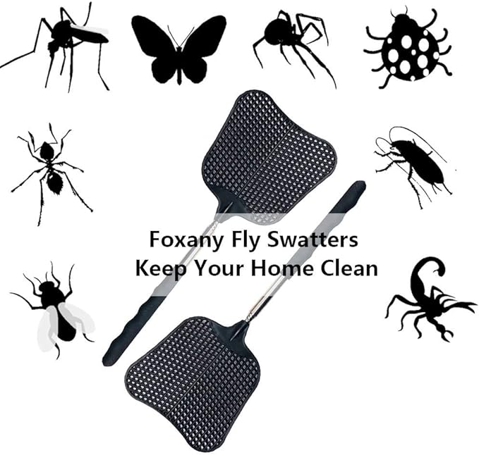 Foxany Telescopic Fly Swatters, Durable Plastic Fly Swatter Heavy Duty Set, Flyswatter with Stainless Steel Handle for IndoorOutdoorClassroom (2 Pack)