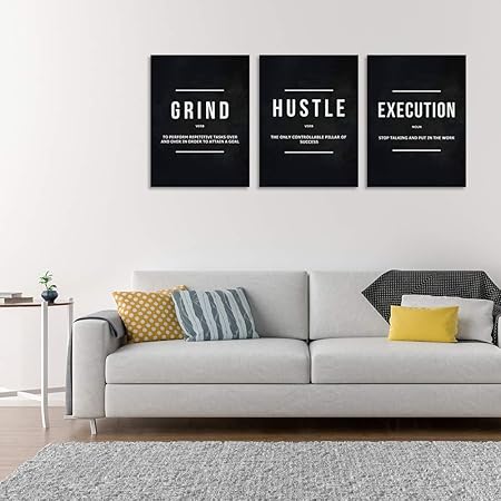 Motivational Office Wall Decor Inspirational Success Canvas Wall Art Hustle Posters Prints Entrepreneur Quote Wall Picture Paintings 3 Pieces Artwork Home Bedroom Framed Easy to Hang(36Wx16H)