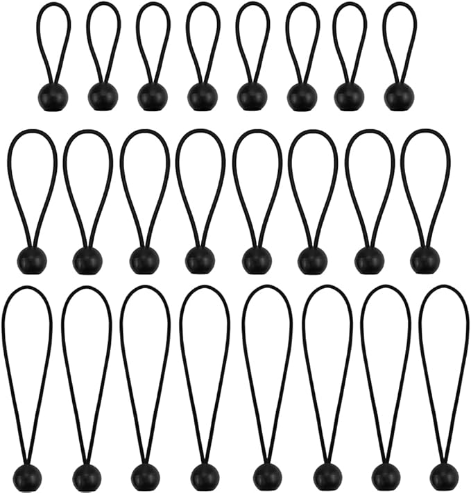 NODG 24 Pieces Ball Bungee 4,6,9 Inch Black Bungee Balls Heavy Duty Tarp Ball Bungee Cords Elastic String 4mm Thickness Tarp Canopy Shock Cords for Camping, Tents, Cargo, Holding Wire