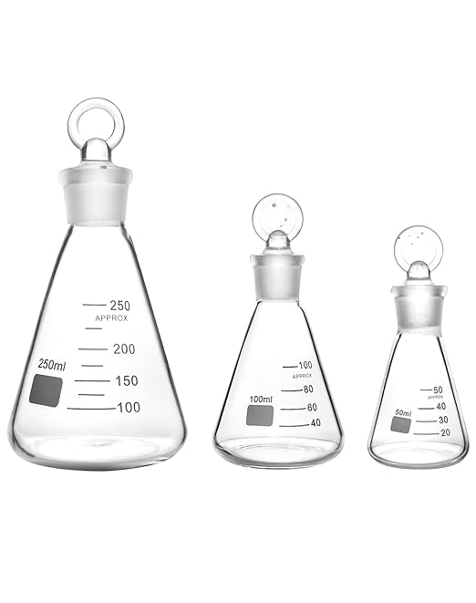 QWORK Borosilicate 3.3 Glass Erlenmeyer Flask Set (50, 100 and 250ml), 3 x Graduated Conical Flask with Glass Stopper for Lab, Experiment, Chemistry