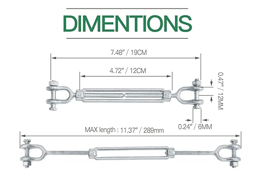 14" Jaw Jaw Turnbuckle Galvanized Jaw and Jaw Turnbuckle, Jaw Jaw Closed Body Marine Turnbuckle Jaw, 2000lbs Working Load Limit, Durable for Wire Rope Cable (14" x 4")