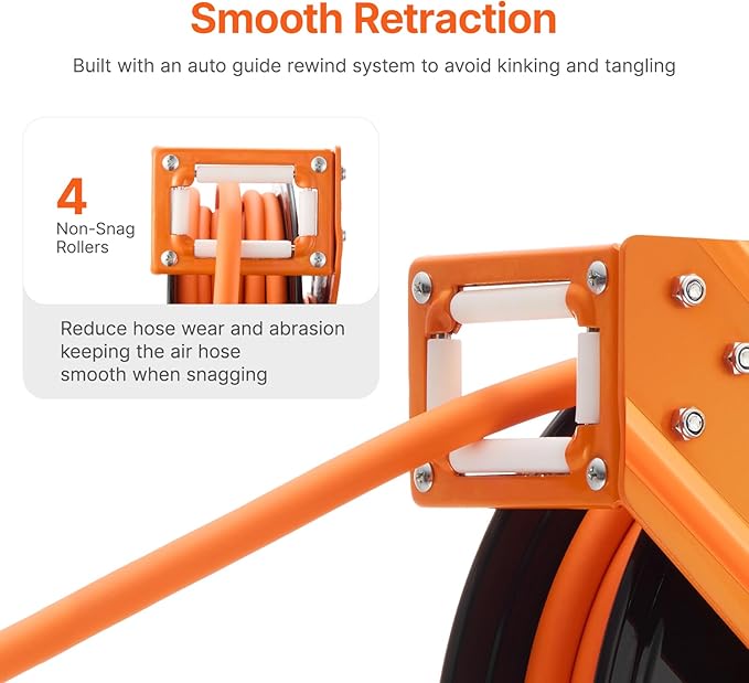 VEVOR Retractable Air Hose Reel, 3/8IN x 50FT Rubber Air Hose Max 300PSI, Air Compressor Hose Reel Auto-Rewind with 5FT Lead in, Ceiling/Wall Mount Heavy Duty Single Arm Reel & 180° Swivel Bracket