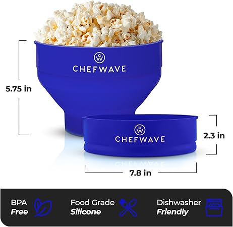Chefwave Silicone Popcorn Popper (Dark Blue) - Reusable, Collapsible Microwave Popcorn Bowl - Dishwasher Safe
