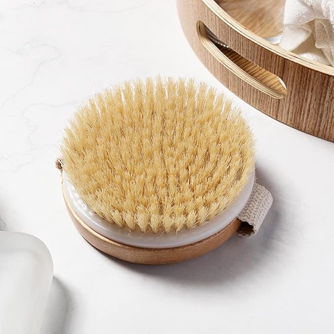 Round Wooden Natural Bristles Dry Bath Body Brush, Dia4.3Au Handheld Shower Brush Back Scrubber for Exfoliating, Cellulite and Detox, etc.