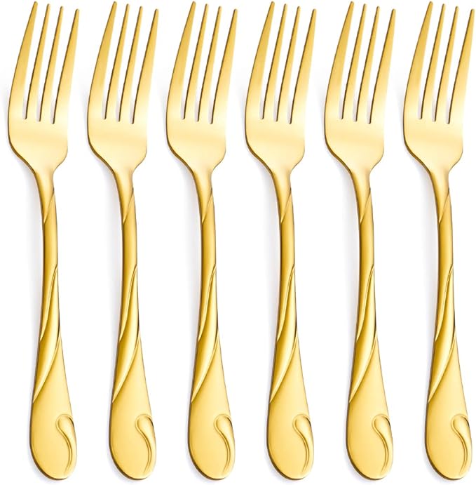 Gold Salad Fork Set, Seeshine 6.9-inch Stainless Steel Shiny Gold Metal Dessert Fork, Set of 6