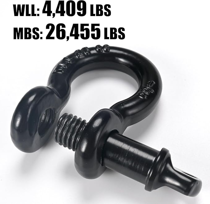 Leero 12" D Ring Shackles, 2 tons (4,409lbs) Working Load Limit, Clevis Shackle with 58" Alloy Screw Pin, Heavy Duty Shackles for Towing, Terrain Vehicle, Jeep, Trailer, Black (2 Pack)