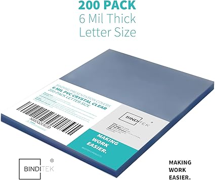 Binditek 200 Pack 6 Mil PVC Clear Binding Covers, 8.5 x 11 Inches, Letter Size, Square Corners, Un-Punched, Office Supplies