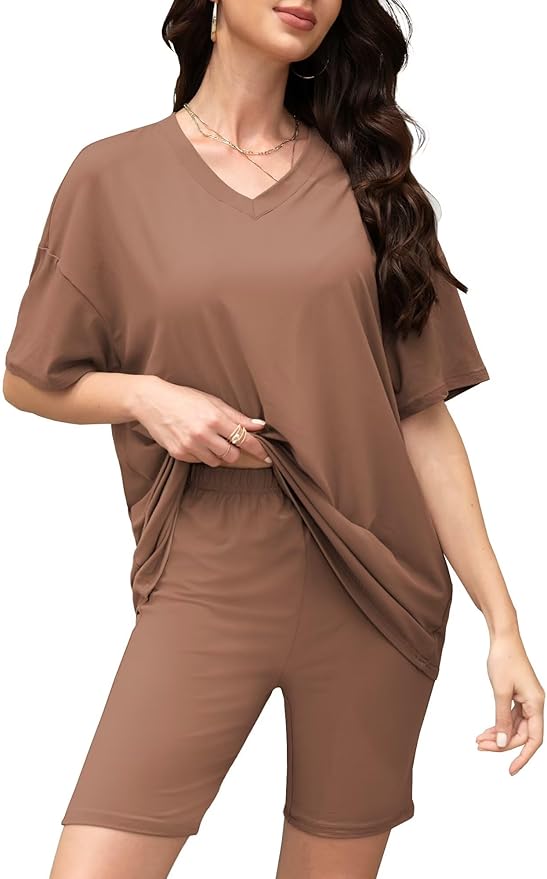 Women's 2 Piece Lounge Sets Summer V Neck Oversized Short Sleeve Tshirts Biker Shorts Matching Travel Outfits