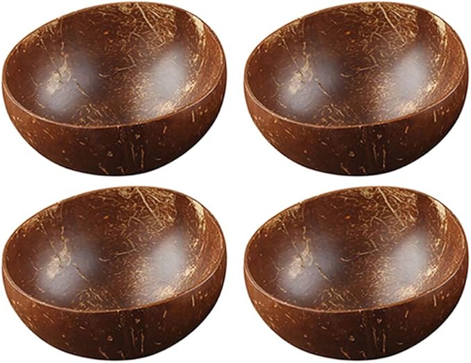 Natural Coconut Bowl Spoon Set,Creative Coconut Shell Fruit Salad Noodle Bowl Wooden Bowl Tableware,4 bowl