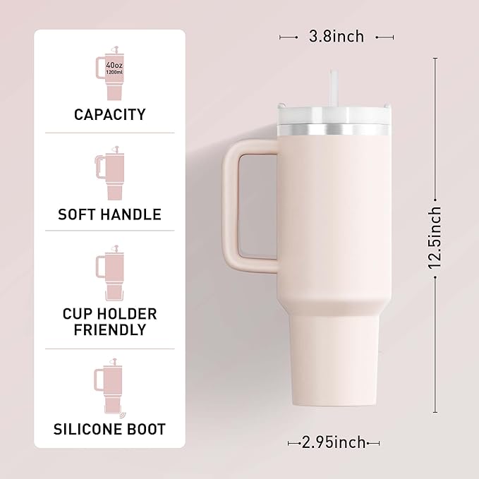 KISSKIND 40 oz tumbler with handle Travel Mug Straw Covers Cup with Lid Insulated Quencher Stainless Steel Water Iced Tea Coffee Gift ROSE