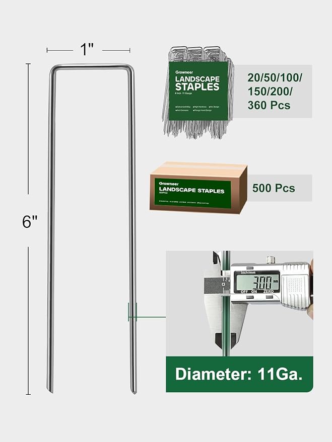 GROWNEER Landscape Staples 100 Packs 6 Inches Heavy Duty 11 Gauge Galvanized Steel Garden Stakes, Garden Staples Securing Pegs for Securing Weed Fabric Landscape Fabric Netting Ground Sheets Fences