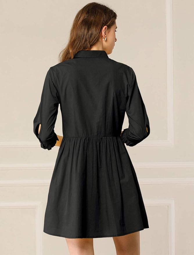 Allegra K Women's Shirt Dress Button Down 3/4 Sleeve School Work Mini Casual Shirtdresses