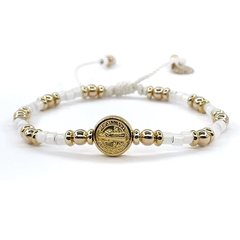 St Benedict Coin Bead Round with Miyuki seed beads and Gold Plated spacers Adjustable Bracelet for Women (White)