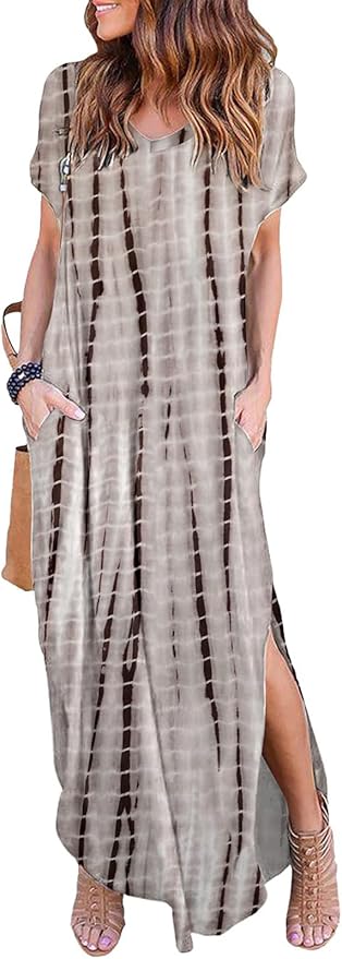 HUSKARY Women's Summer Maxi Dress Casual Loose Pockets Long Dress Short Sleeve Split Maxi Dresses