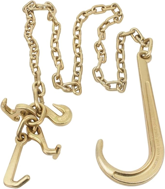 Mytee Products 516"x8' Leg G70 15" Long Shank J Hook Tow Chain wRTJ Cluster Hook Grab Hook - 4700 lbs WLL Heavy Duty Transport Truck Chain for Car Wrecker Recovery - Towing Equipment