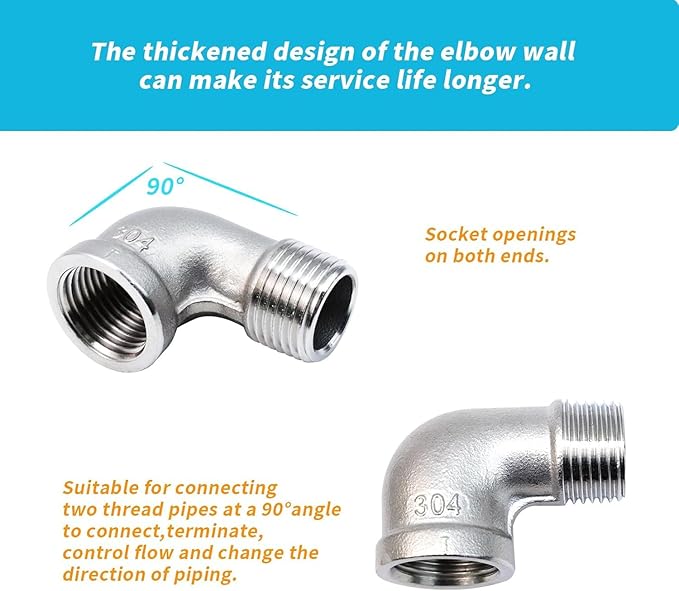 2Pcs 304 Stainless Steel 90 Degree Elbow 34" NPT Threaded Pipe Fitting Female x Male