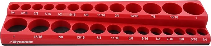 Magnetic Socket Organizers, 14", 38" and 12" Drive, SAE and Metric, Quality Tool Box Organizers (38 Dr. SAE, Red, Holds 26 Sockets)