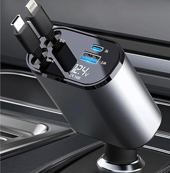 4-in-1 Retractable Car Charger USB Type C Cable - 120W Fast Charging Adapter with Dual USB Ports Retractable Cable, Compatible with iPhone, Samsung Galaxy and Pixel Phones.