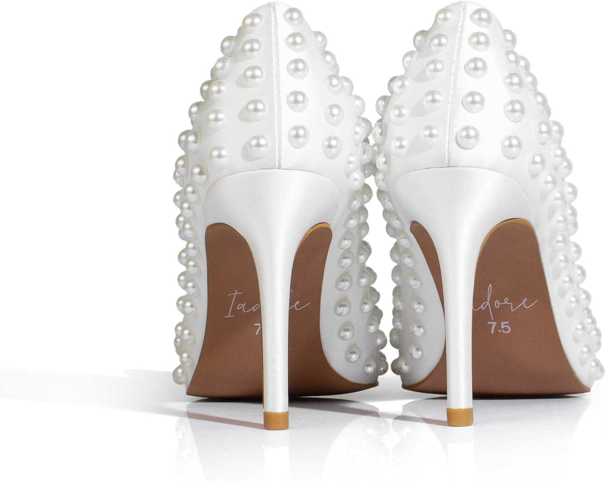 Women Sexy Stiletto High Heel Pumps Chic Pearl Studded Slip-on Shoes Satin Pointed Toe Fashion Dress Pumps Size 5-12 US