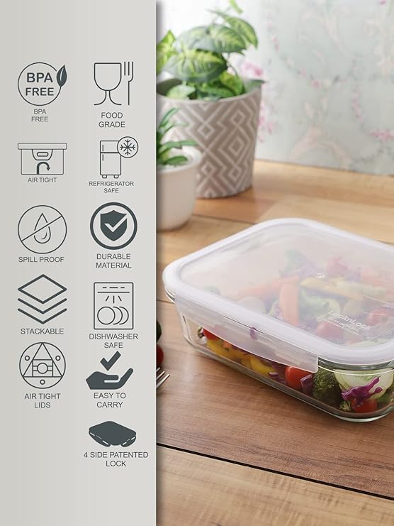 LOCK & LOCK Purely Better Glass Food Storage Container with Lid, Rectangle-51 oz, Clear