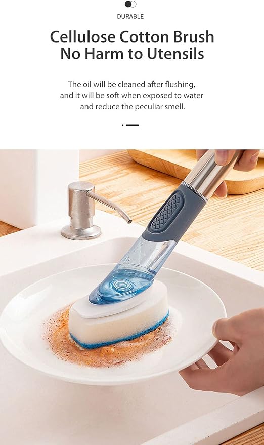 The Blue Soap Dispenser Dish Brush includes 2 refills: Stainless Steel TPR and Sponge Bristles, Long Handle and Dishwashing Cleaning Brush, Safe Non-Stick (Blue)