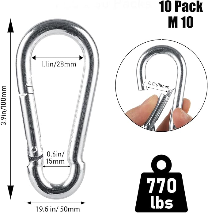 Stainless Steel Spring Snap Hook Carabiner M6 M8 M10 Heavy Duty Carabiner Clip Spring Clips Keychain 516 Inch Quick Links for Backpack, Hammocks, Camping, Swing(163010PCS)