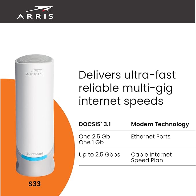 ARRIS - SURFboard S33 32 x 8 DOCSIS 3.1 Multi-Gig Cable Modem with 2.5 Gbps